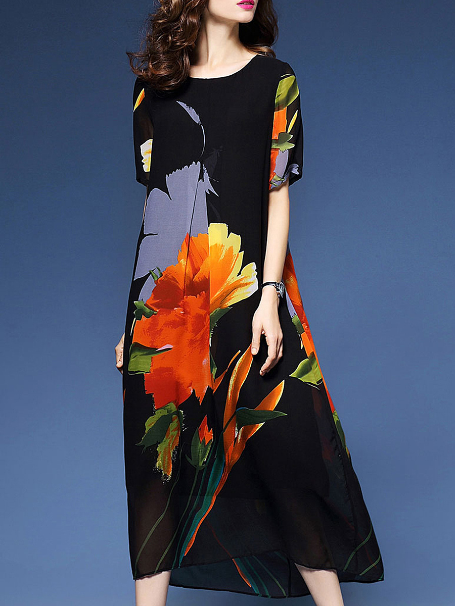 Trendy Floral Printed Round Neck Maxi Dress