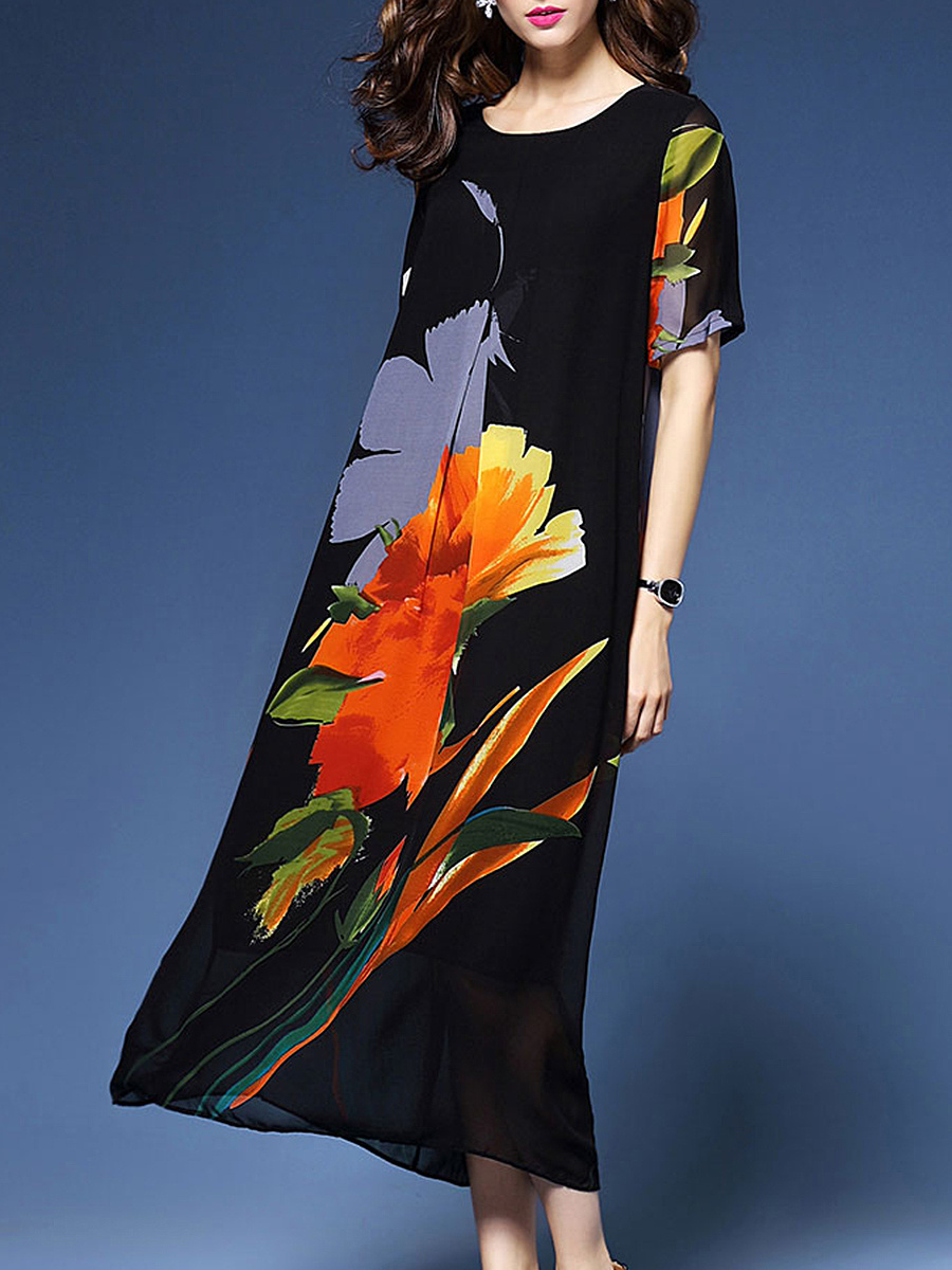 Trendy Floral Printed Round Neck Maxi Dress