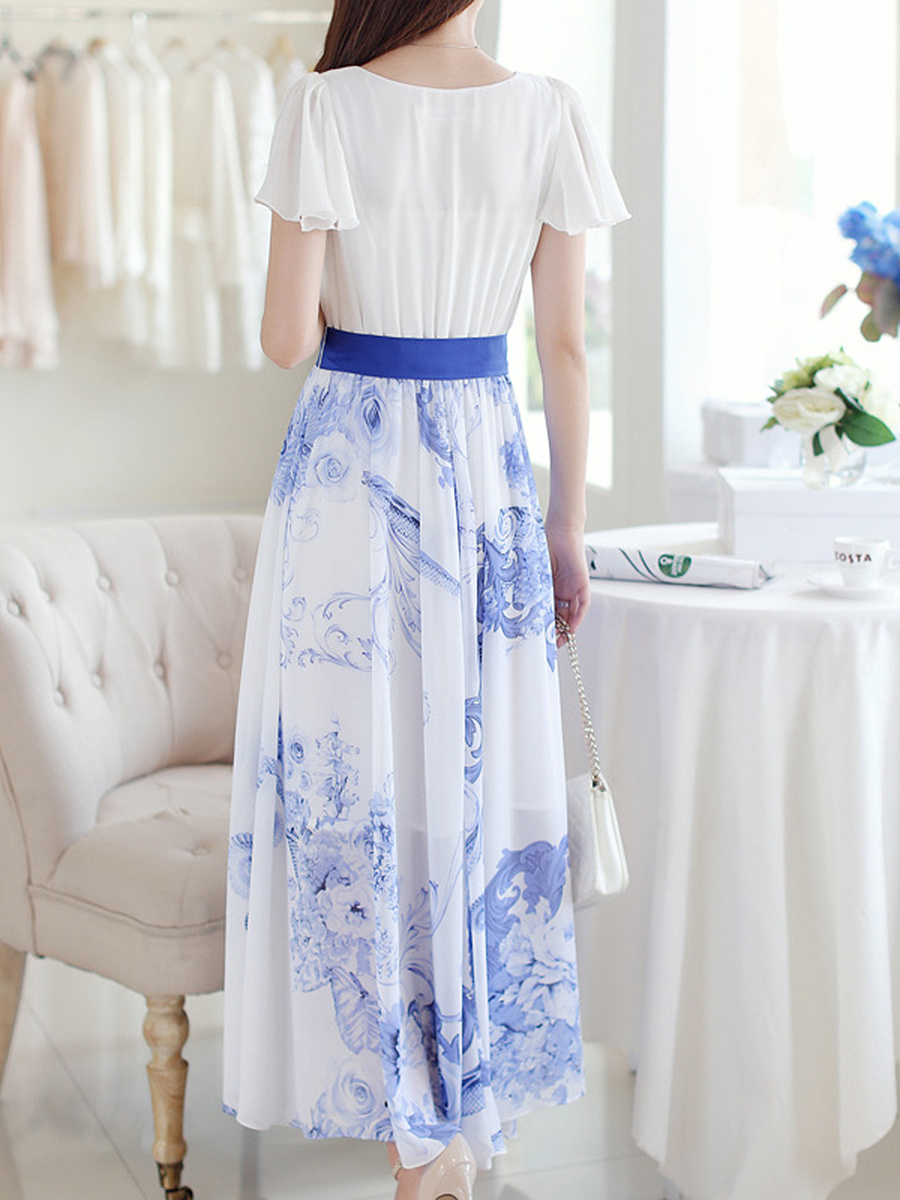 Ruffle Sleeve Bowknot Printed Chiffon Maxi Dress
