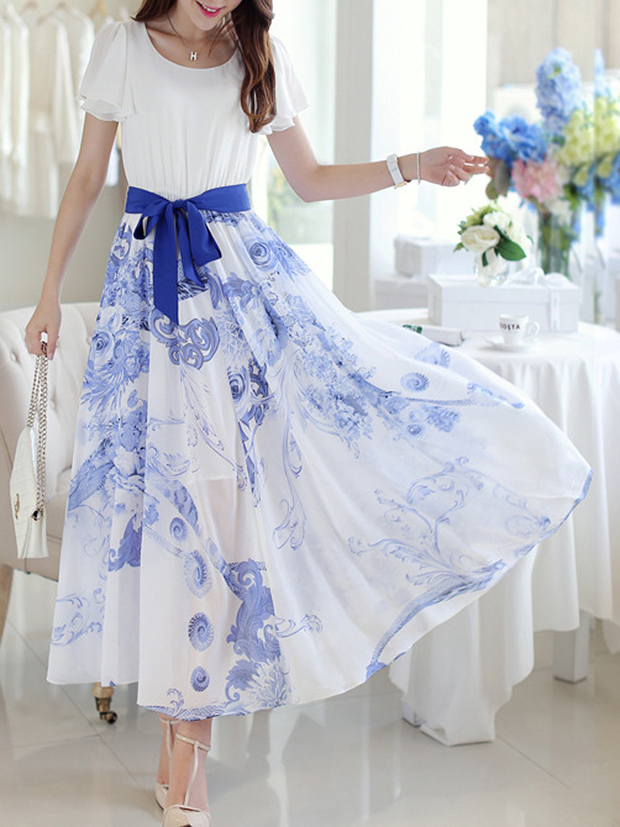 Ruffle Sleeve Bowknot Printed Chiffon Maxi Dress