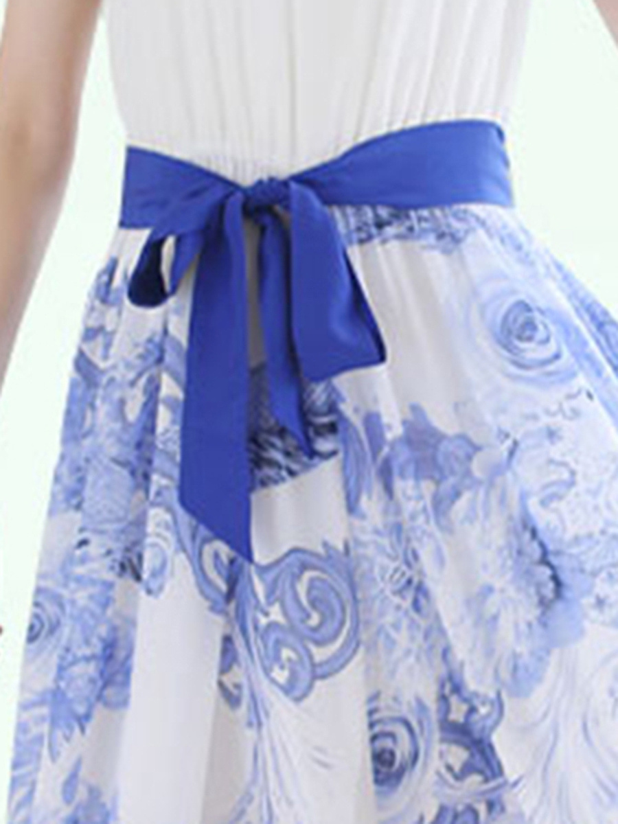 Ruffle Sleeve Bowknot Printed Chiffon Maxi Dress