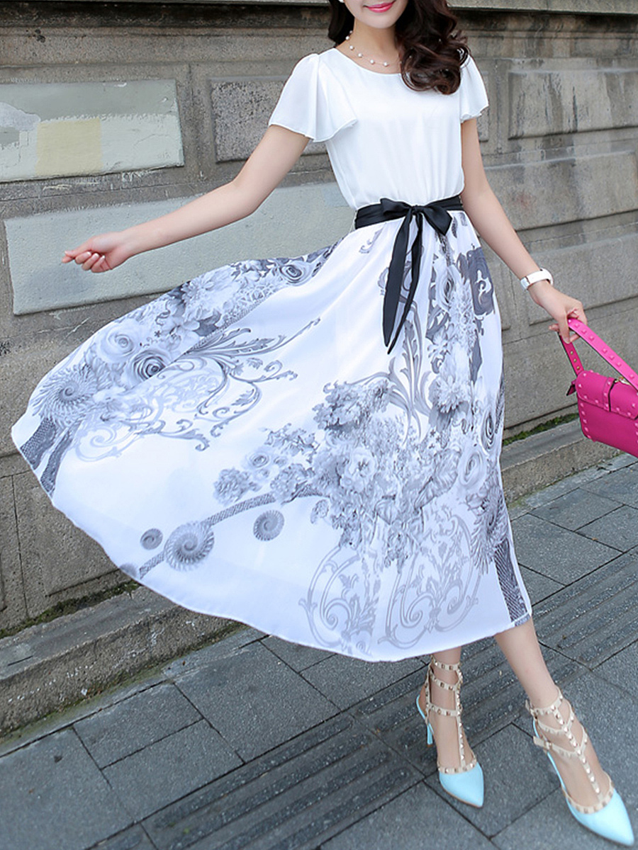 Ruffle Sleeve Bowknot Printed Chiffon Maxi Dress