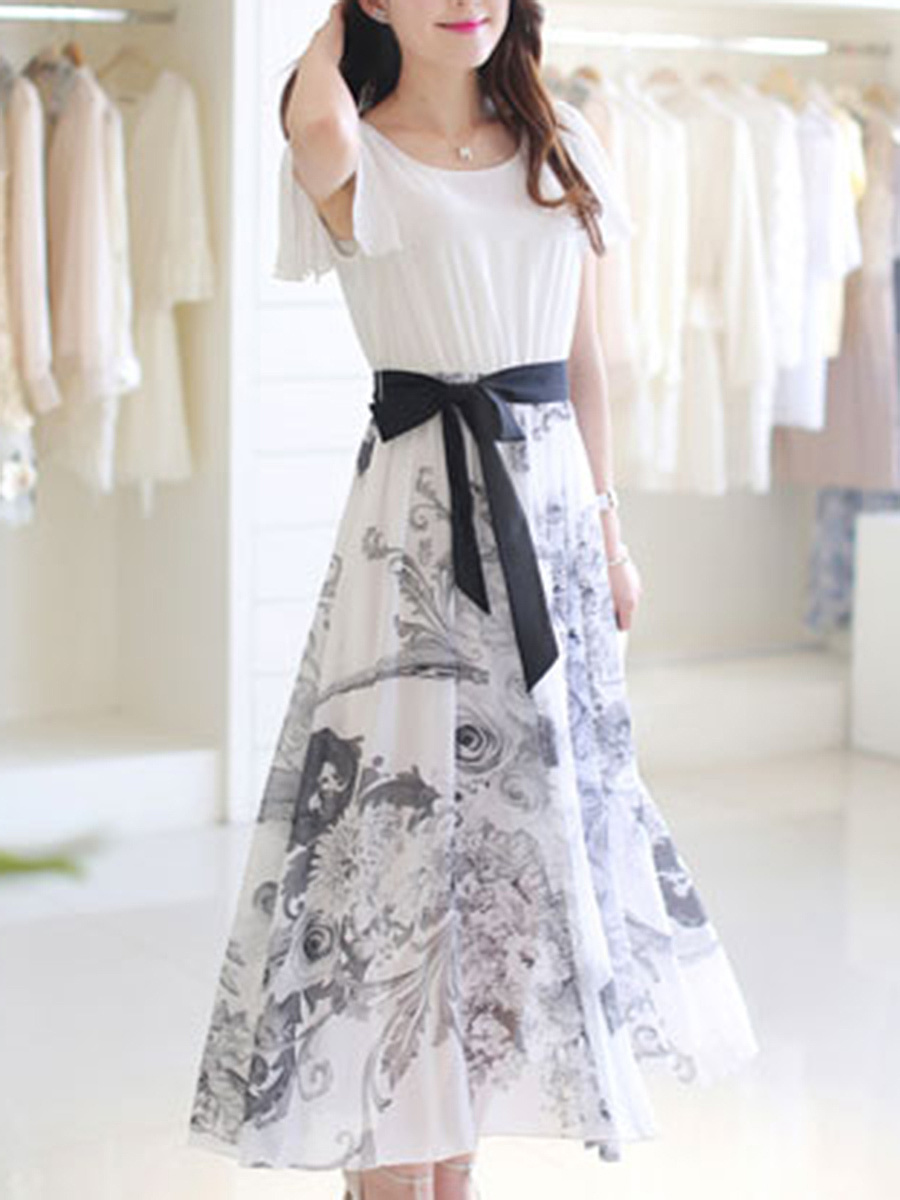 Ruffle Sleeve Bowknot Printed Chiffon Maxi Dress