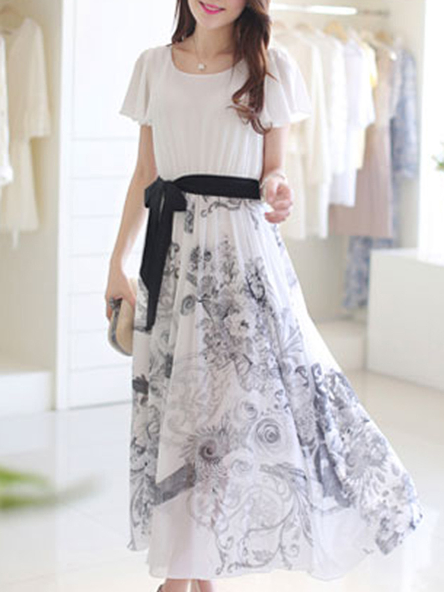 Ruffle Sleeve Bowknot Printed Chiffon Maxi Dress
