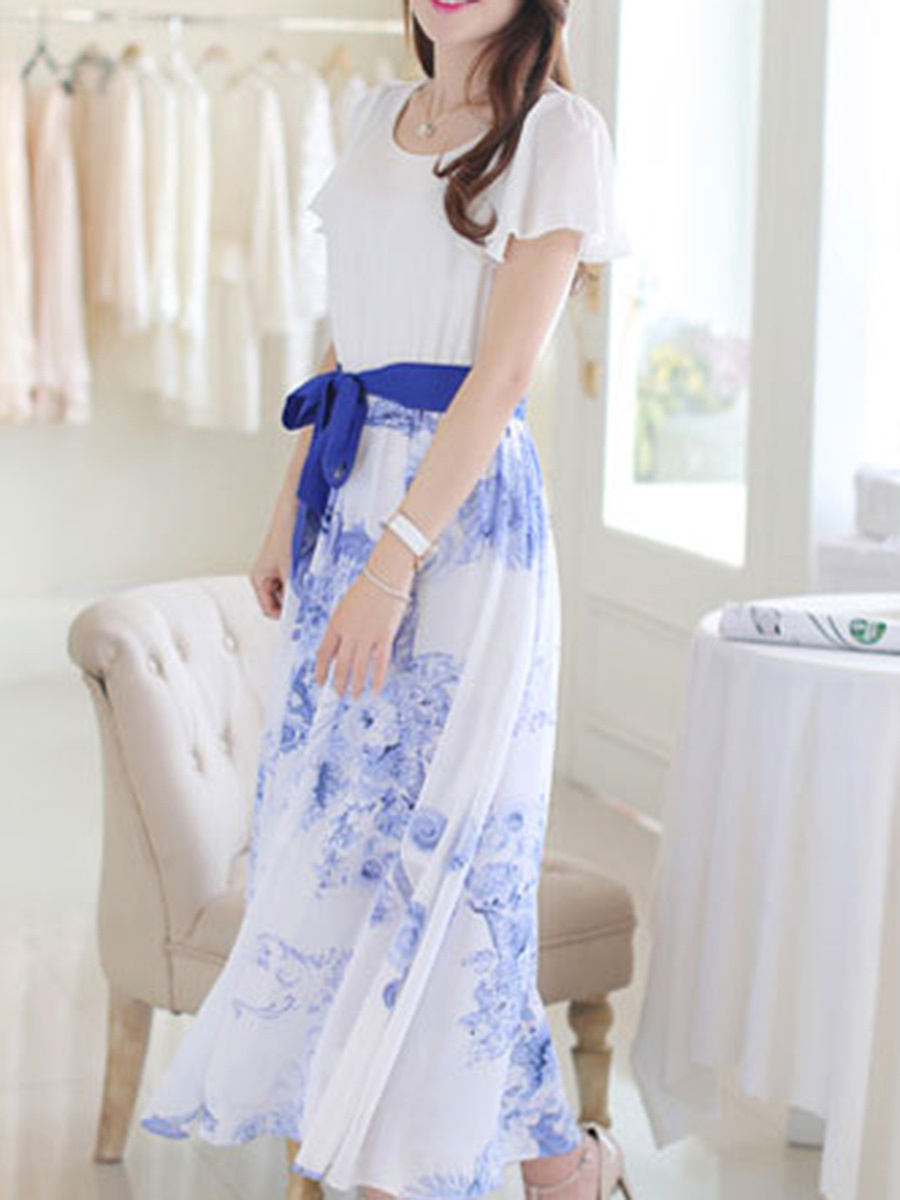 Ruffle Sleeve Bowknot Printed Chiffon Maxi Dress