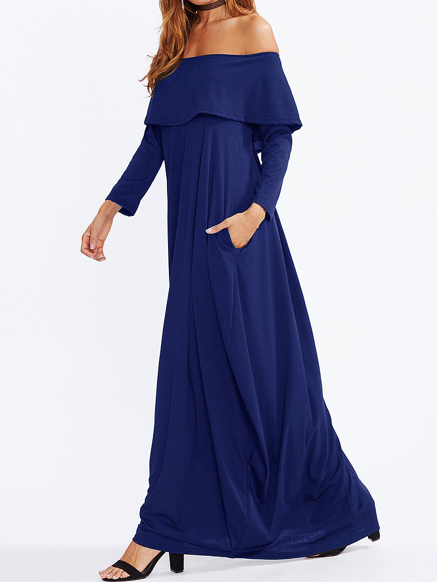 Off Shoulder Flounce Plain Maxi Dress