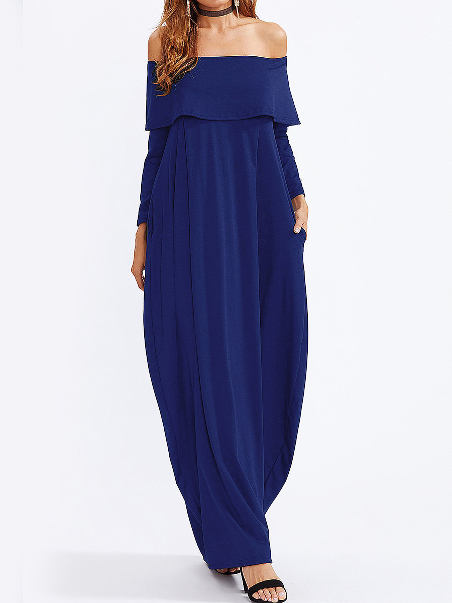 Off Shoulder Flounce Plain Maxi Dress