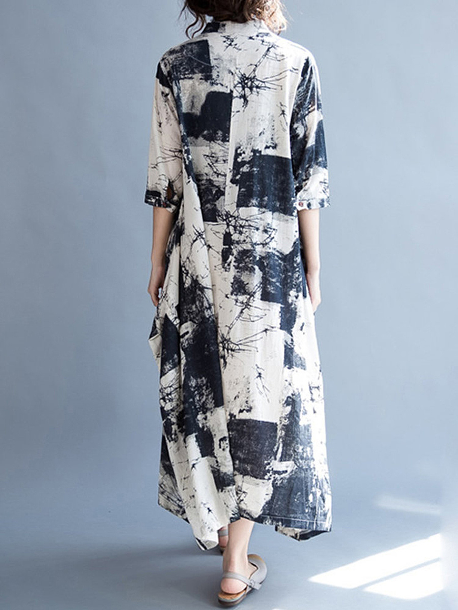 V-Neck Abstract Print Pocket Cotton/Linen Maxi Dress
