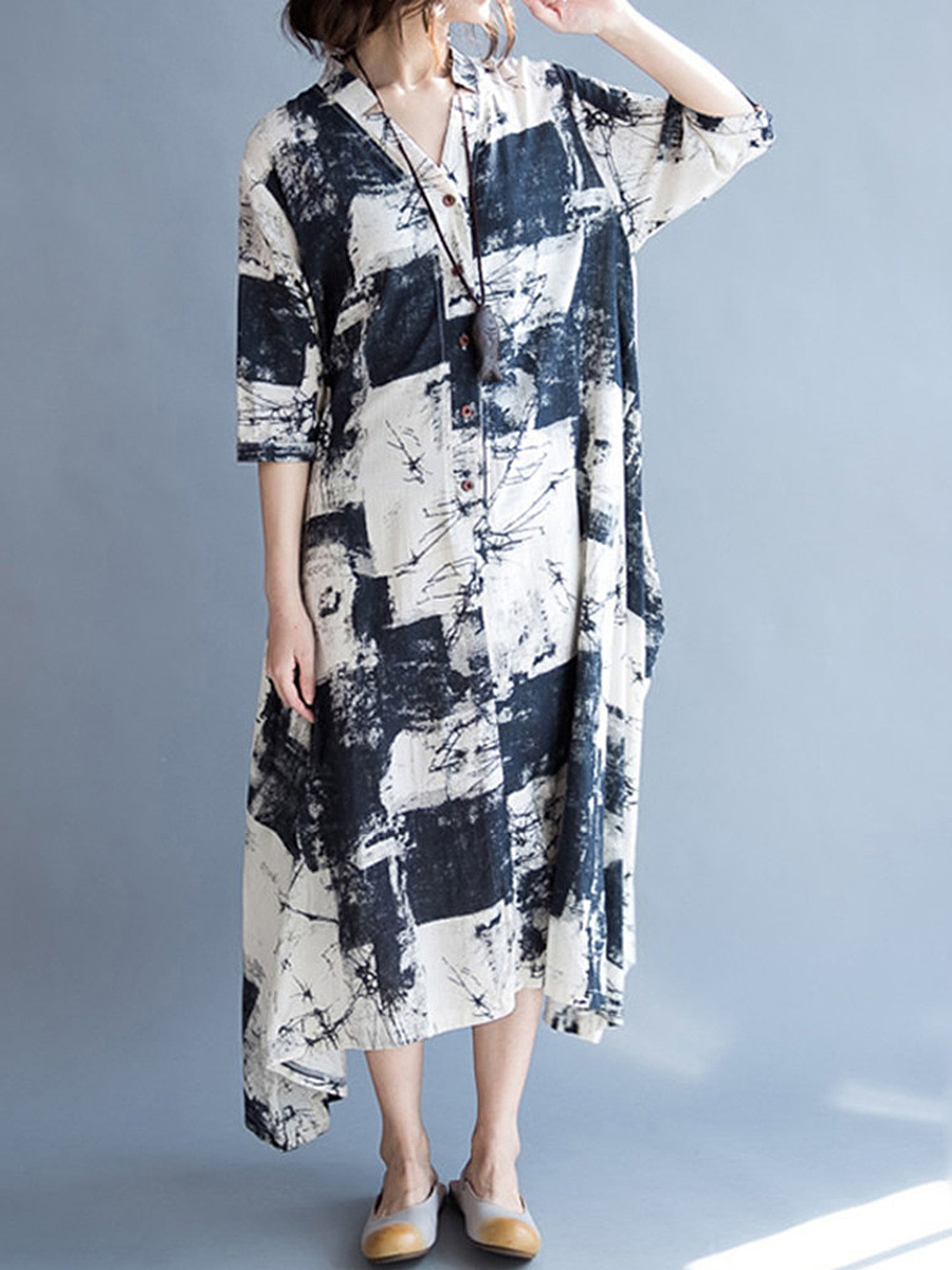 V-Neck Abstract Print Pocket Cotton/Linen Maxi Dress