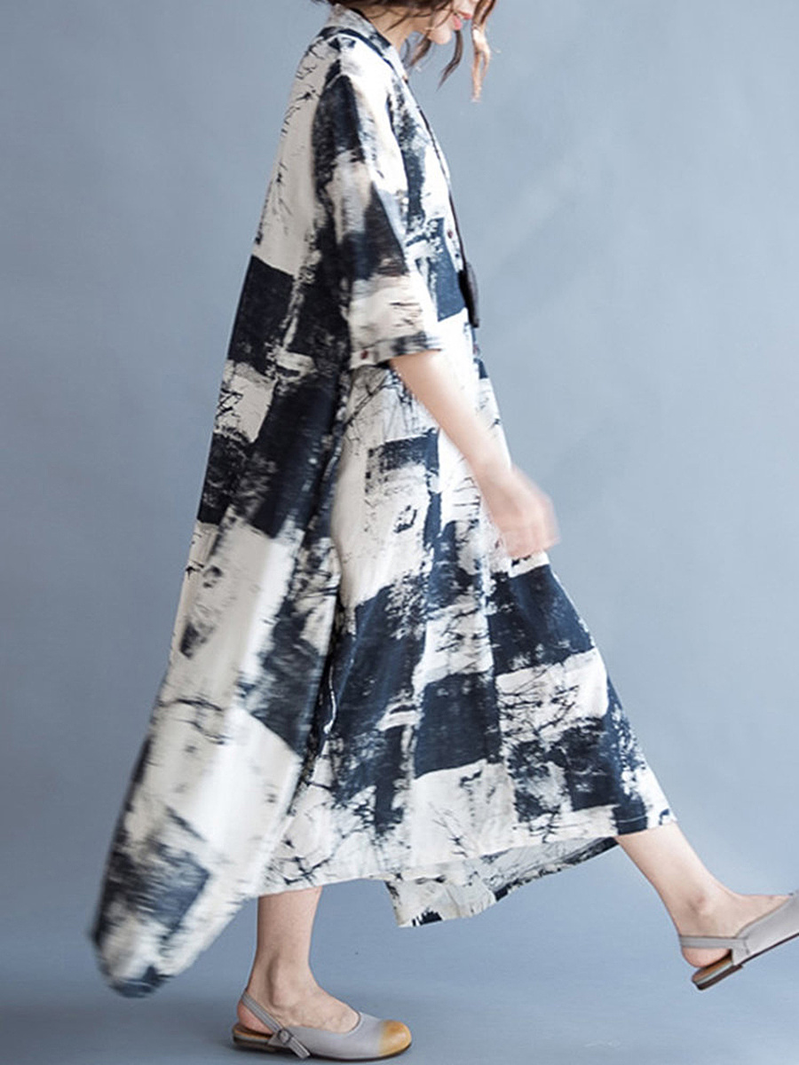 V-Neck Abstract Print Pocket Cotton/Linen Maxi Dress