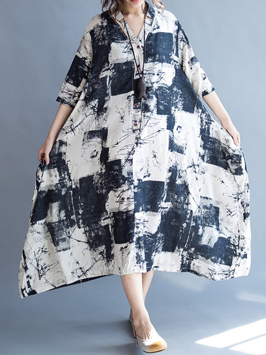 V-Neck Abstract Print Pocket Cotton/Linen Maxi Dress