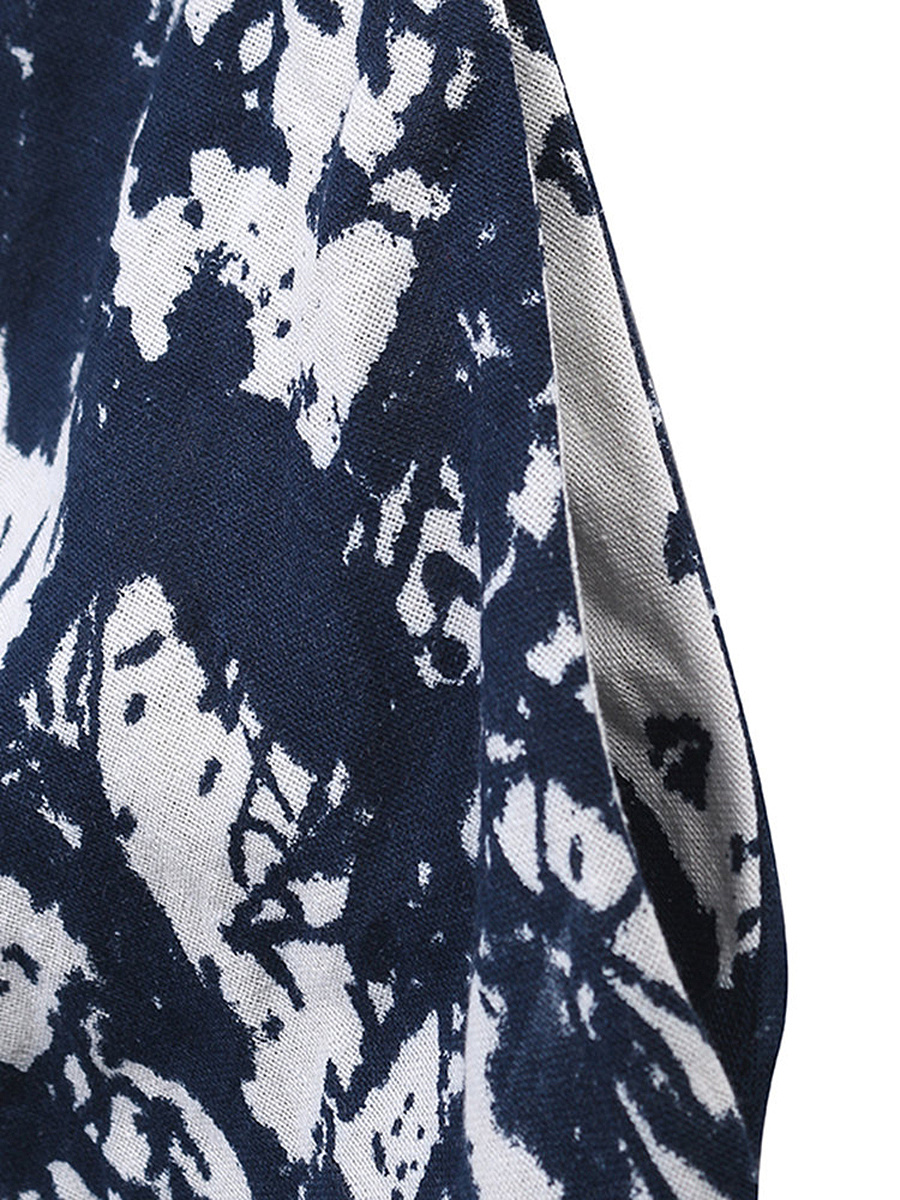 V-Neck Abstract Print Pocket Cotton/Linen Maxi Dress
