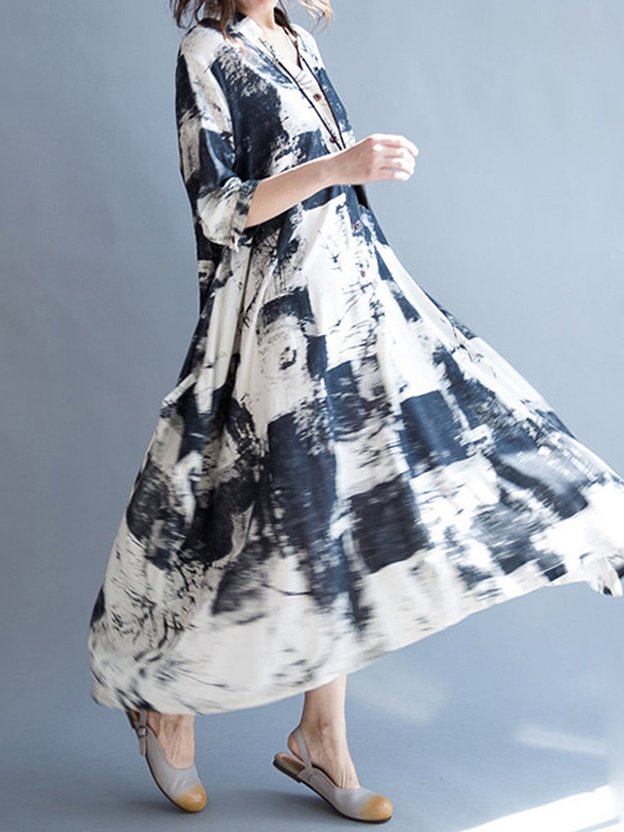 V-Neck Abstract Print Pocket Cotton/Linen Maxi Dress