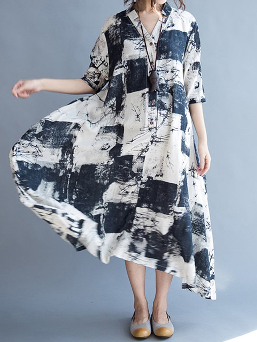 V-Neck Abstract Print Pocket Cotton/Linen Maxi Dress