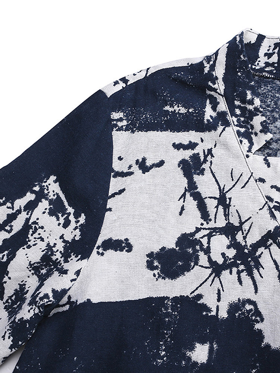 V-Neck Abstract Print Pocket Cotton/Linen Maxi Dress