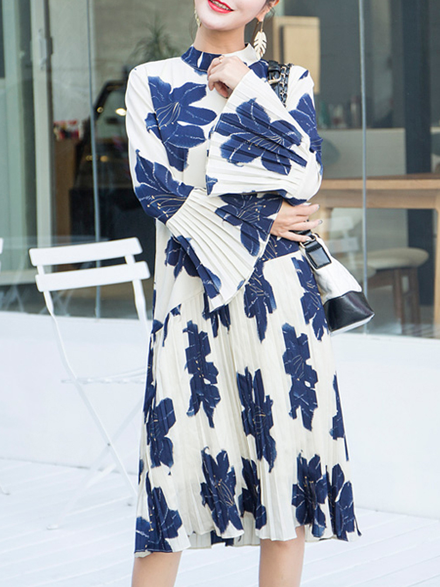 Band Collar Ruffled Hem Printed Chiffon Maxi Dress