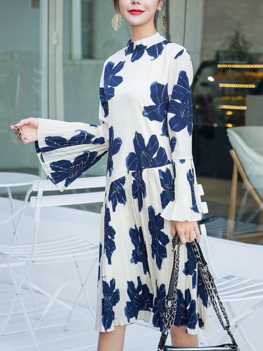 Band Collar Ruffled Hem Printed Chiffon Maxi Dress