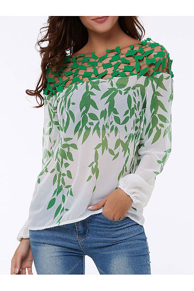 Boat Neck Floral Long Sleeve Blouses