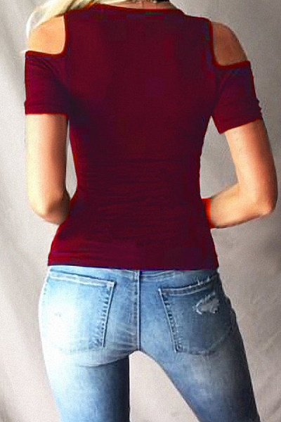 Deep V Neck Cutout Lace Up Plain T-Shirts