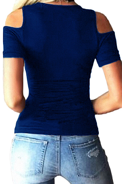 Deep V Neck Cutout Lace Up Plain T-Shirts