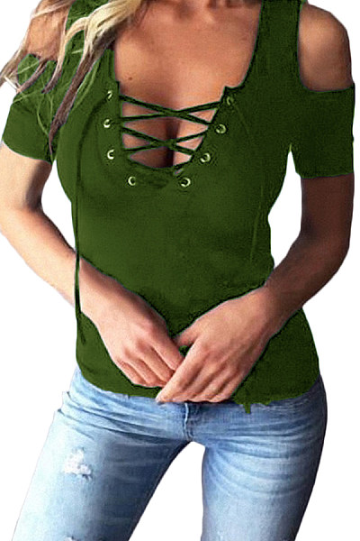 Deep V Neck Cutout Lace Up Plain T-Shirts
