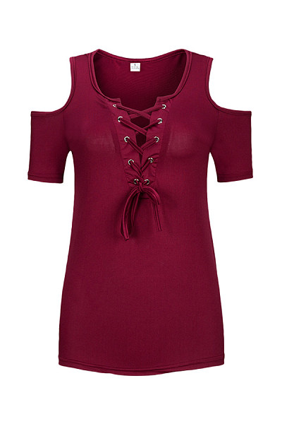 Deep V Neck Cutout Lace Up Plain T-Shirts
