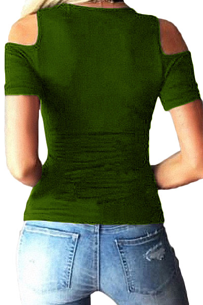 Deep V Neck Cutout Lace Up Plain T-Shirts