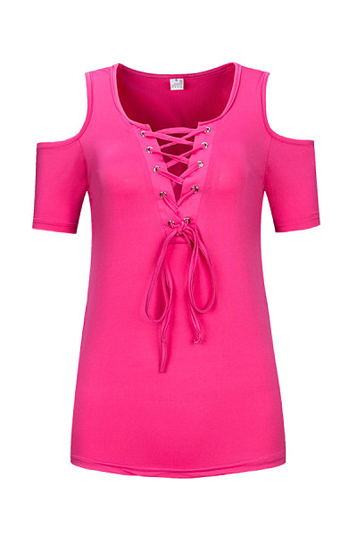 Deep V Neck Cutout Lace Up Plain T-Shirts