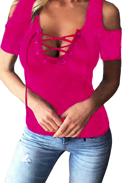 Deep V Neck Cutout Lace Up Plain T-Shirts
