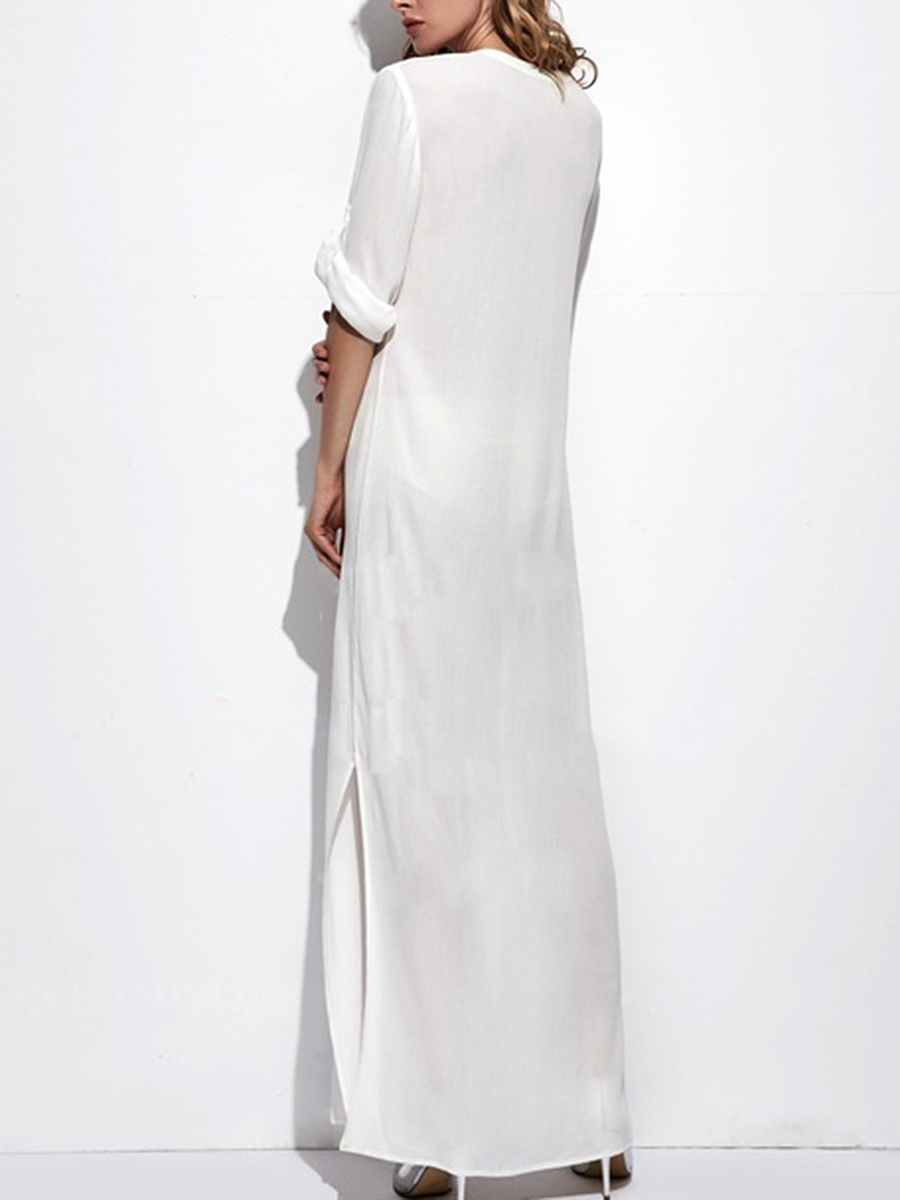 Band Collar Patch Pocket Plain Polyester Maxi Dress