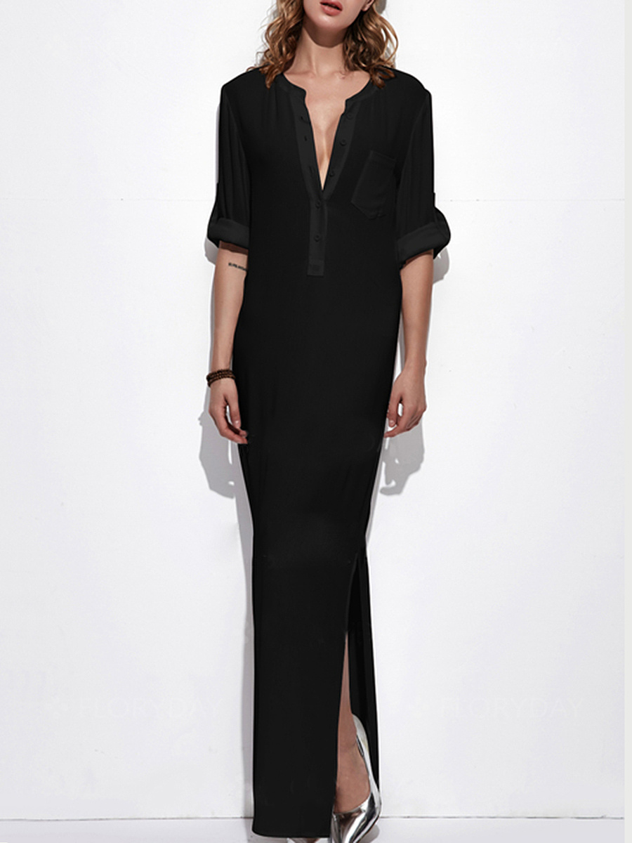 Band Collar Patch Pocket Plain Polyester Maxi Dress