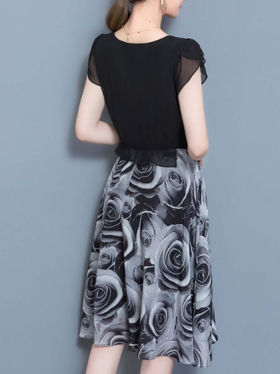 Round Neck Elastic Waist Printed Maxi Dress