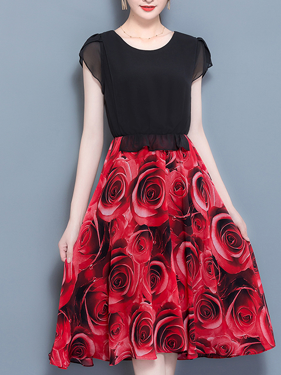 Round Neck Elastic Waist Printed Maxi Dress