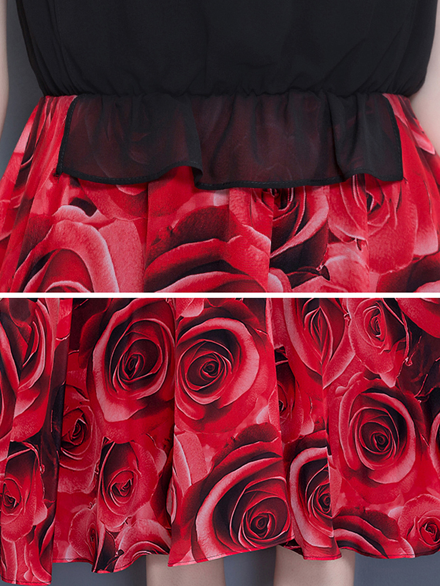 Round Neck Elastic Waist Printed Maxi Dress