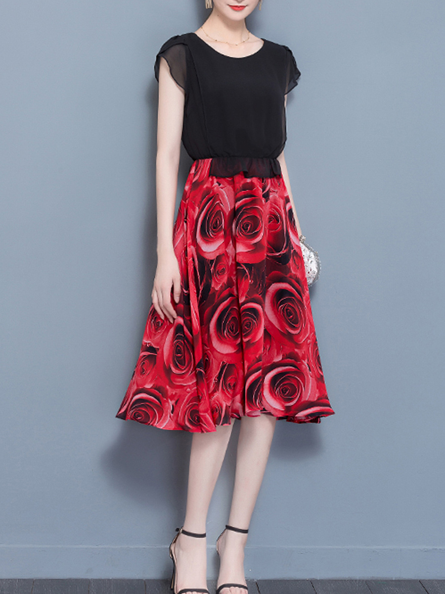 Round Neck Elastic Waist Printed Maxi Dress