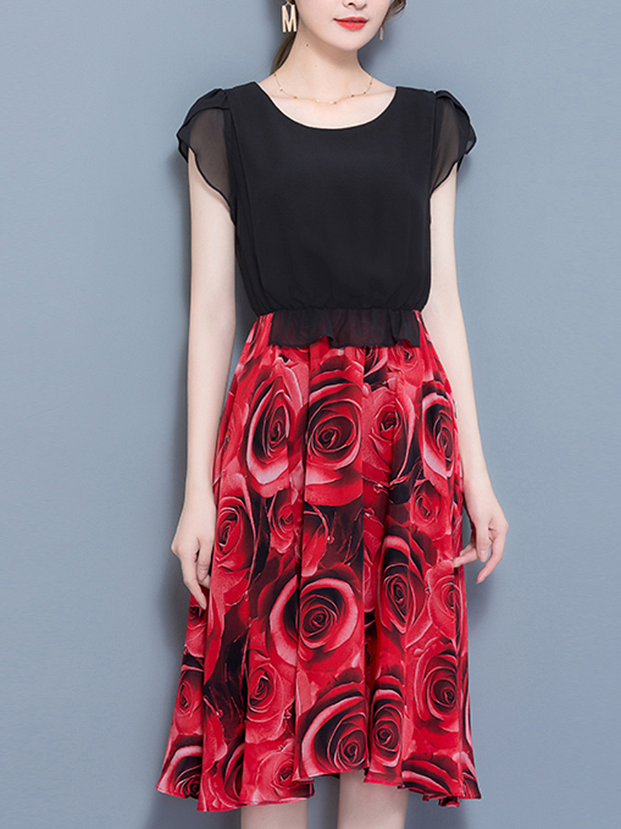 Round Neck Elastic Waist Printed Maxi Dress