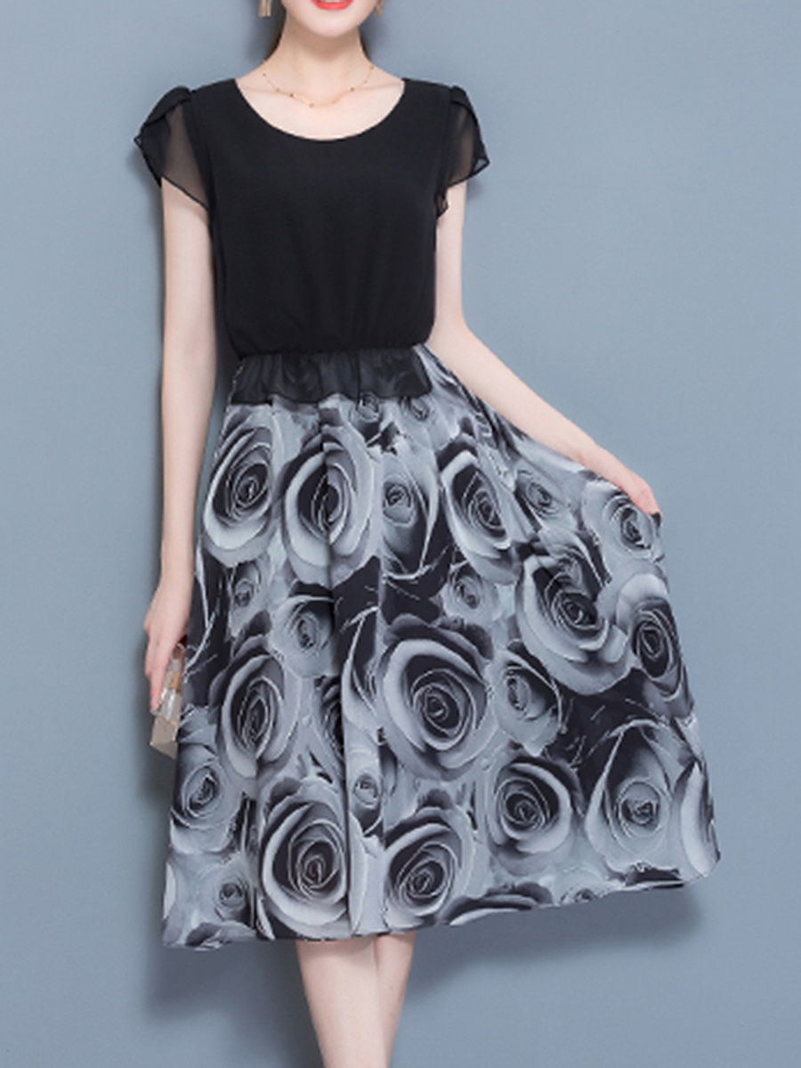 Round Neck Elastic Waist Printed Maxi Dress