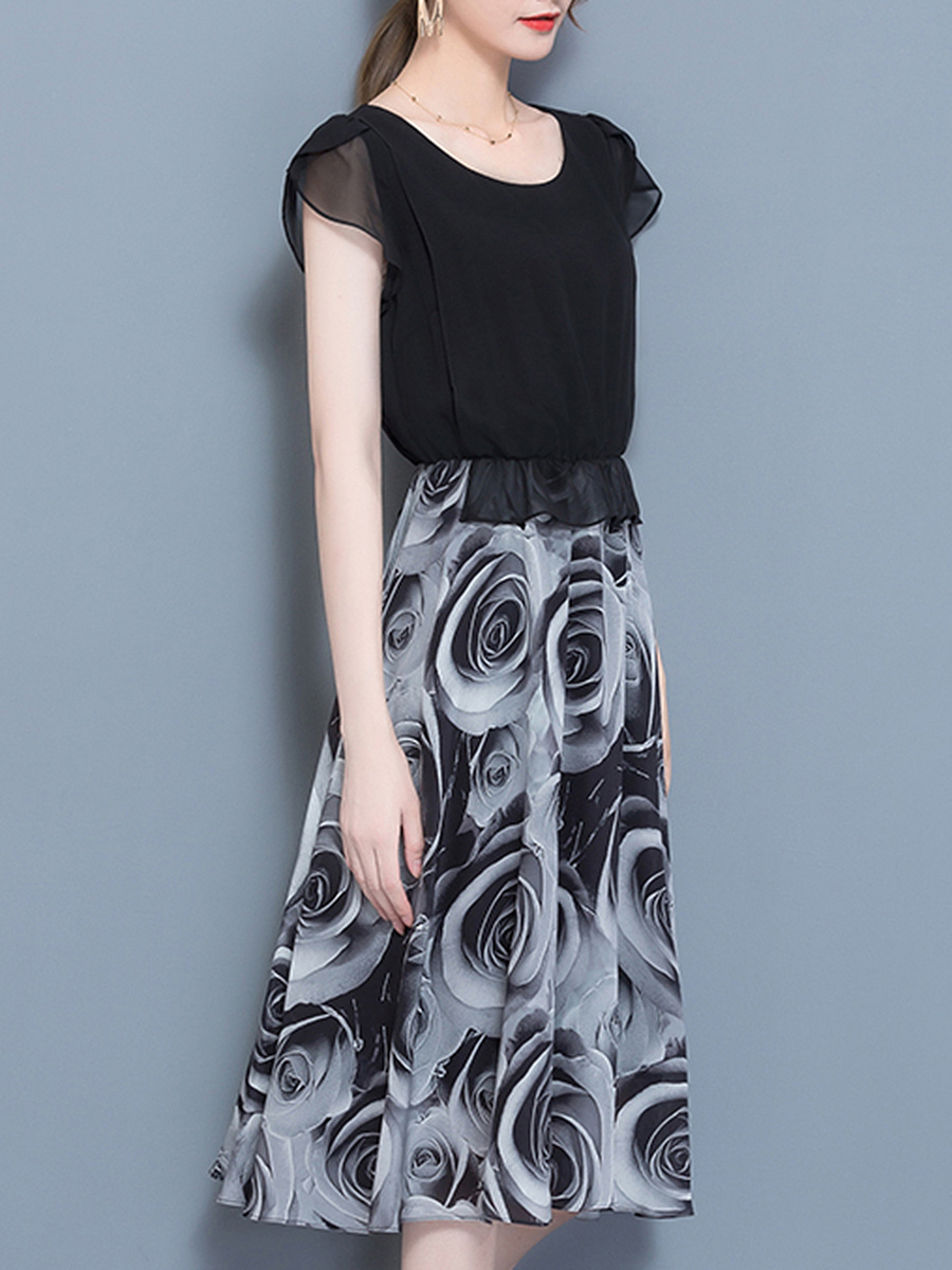 Round Neck Elastic Waist Printed Maxi Dress
