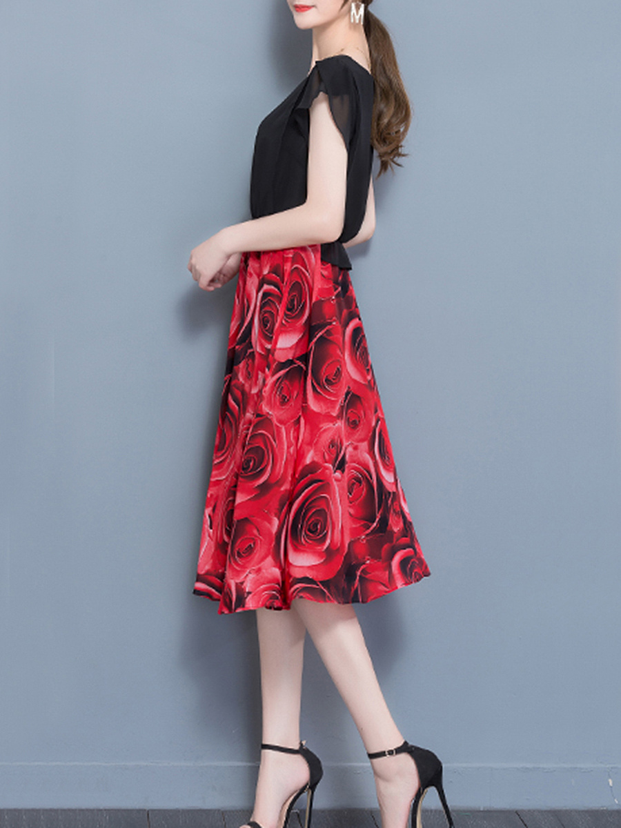 Round Neck Elastic Waist Printed Maxi Dress