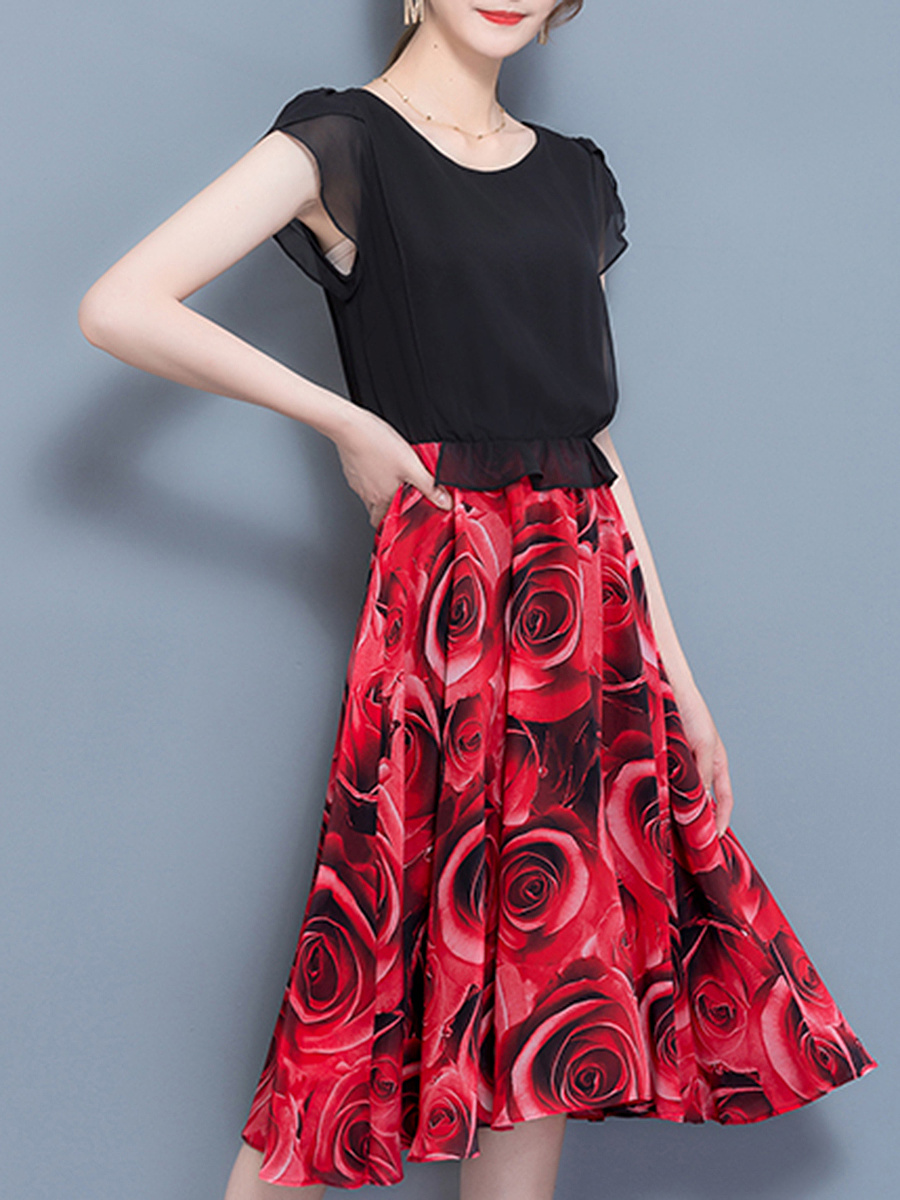 Round Neck Elastic Waist Printed Maxi Dress