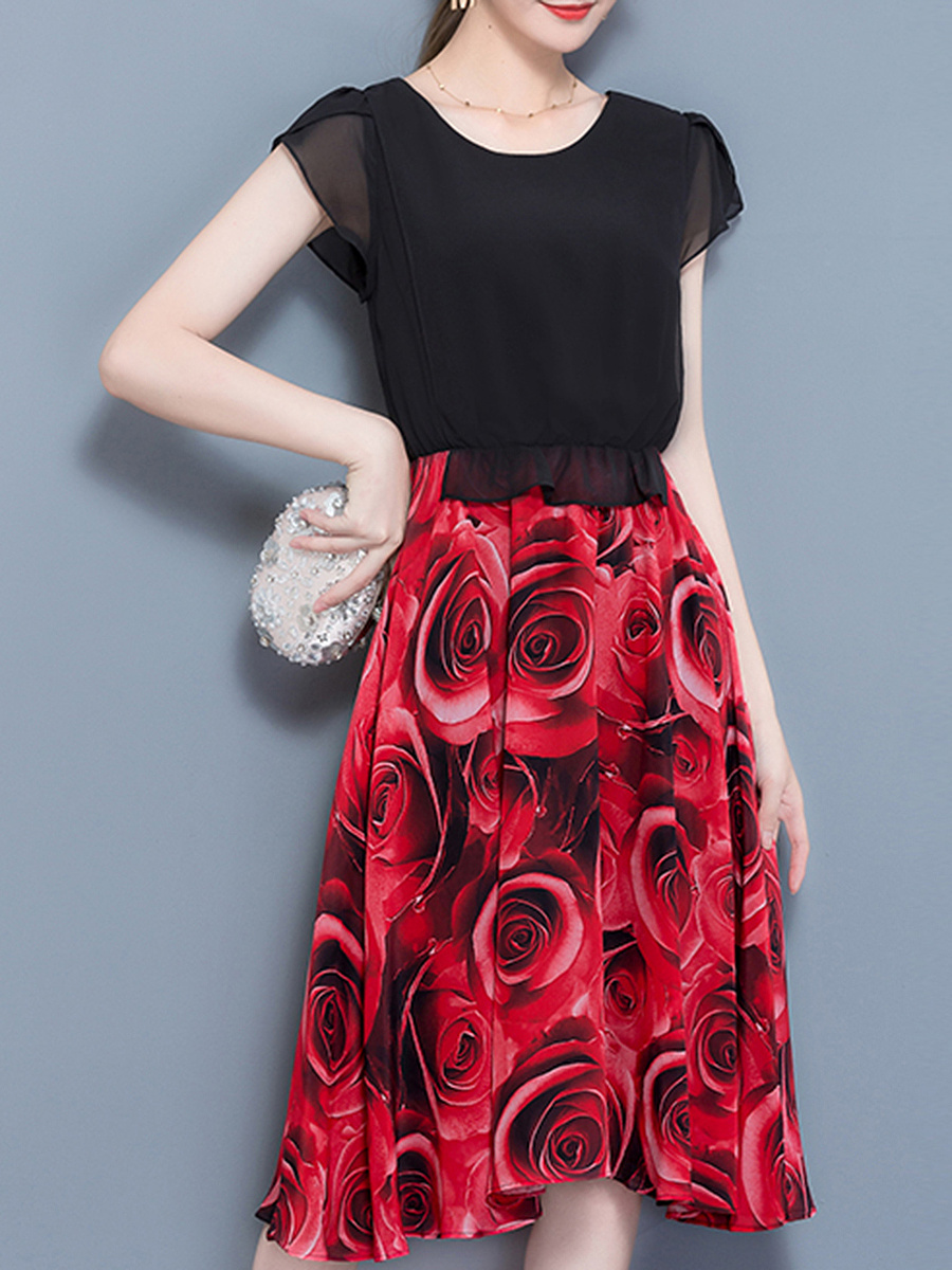 Round Neck Elastic Waist Printed Maxi Dress