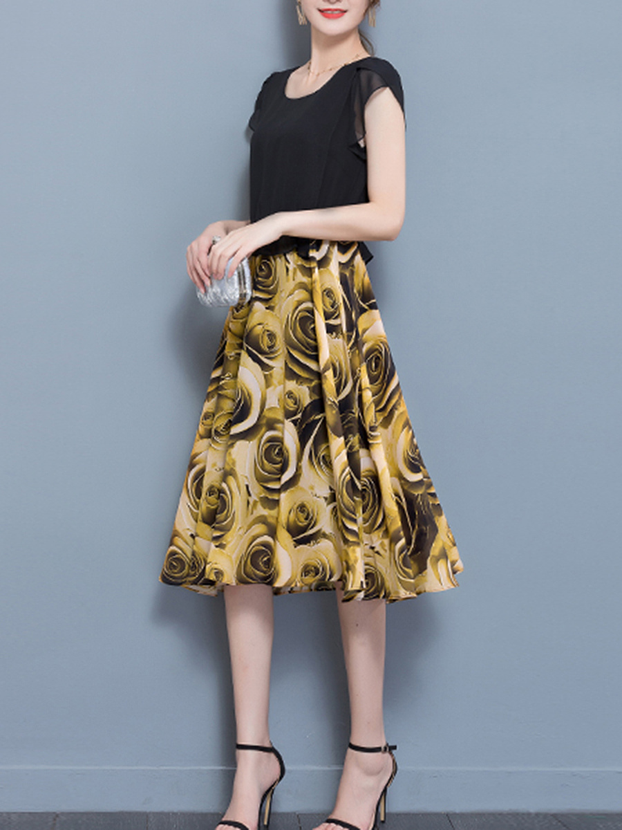 Round Neck Elastic Waist Printed Maxi Dress