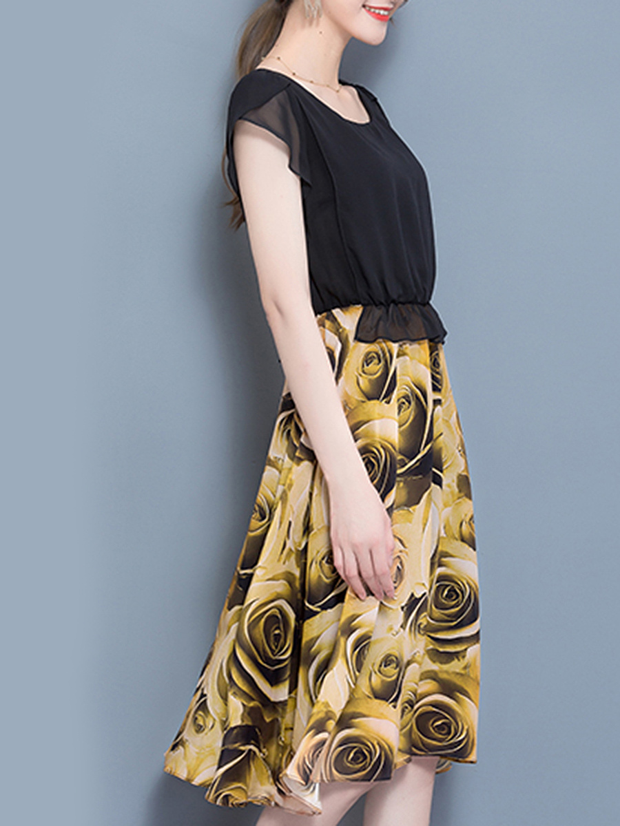 Round Neck Elastic Waist Printed Maxi Dress