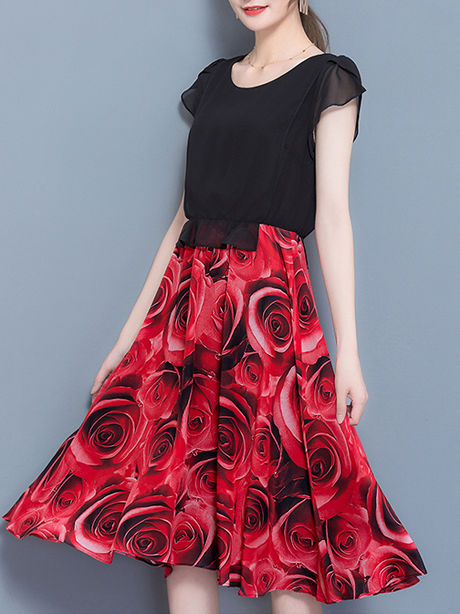 Round Neck Elastic Waist Printed Maxi Dress