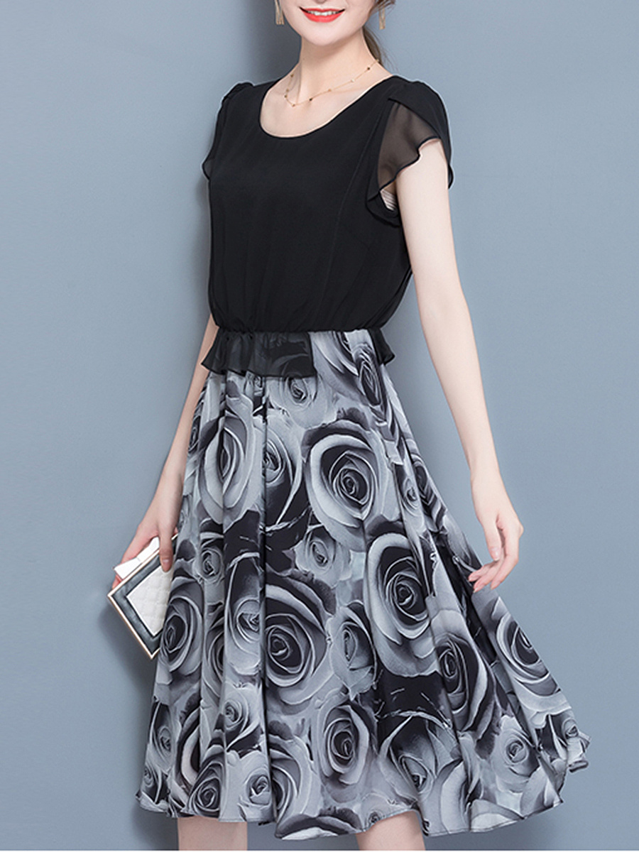 Round Neck Elastic Waist Printed Maxi Dress
