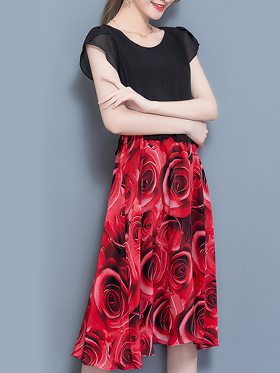 Round Neck Elastic Waist Printed Maxi Dress