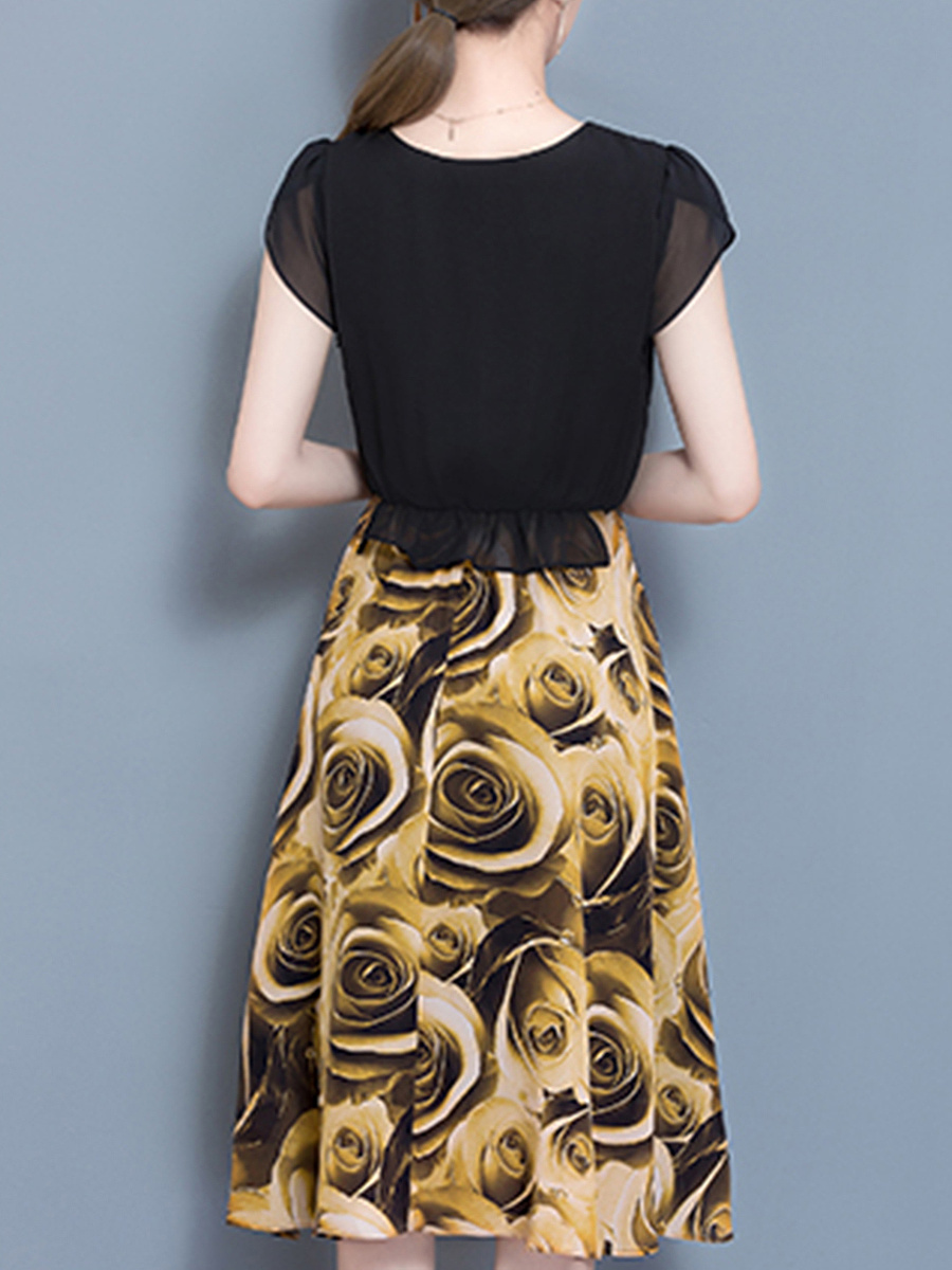 Round Neck Elastic Waist Printed Maxi Dress