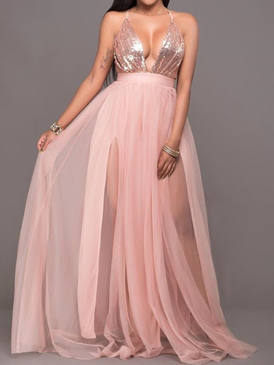 Spaghetti Strap High Slit Patchwork See-Through Plain Evening Dress