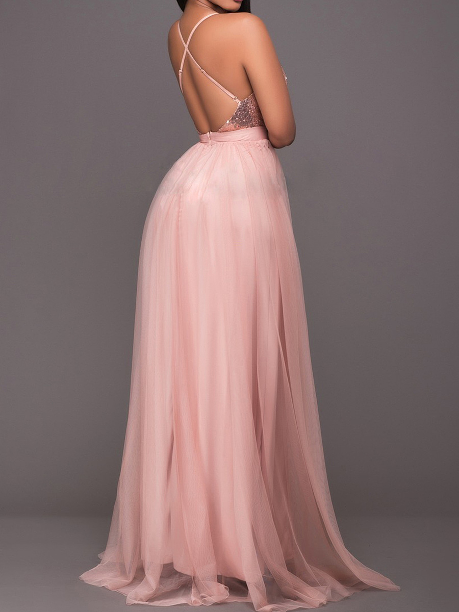 Spaghetti Strap High Slit Patchwork See-Through Plain Evening Dress