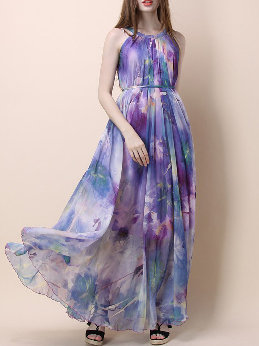 Crew Neck Belt Printed Maxi Dress